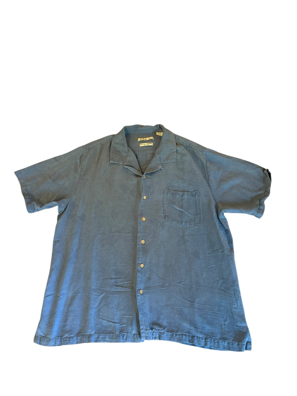Batik Bay Silk Short Sleeve Button Down Shirt Blue Tropical Leaf Print Mens XL